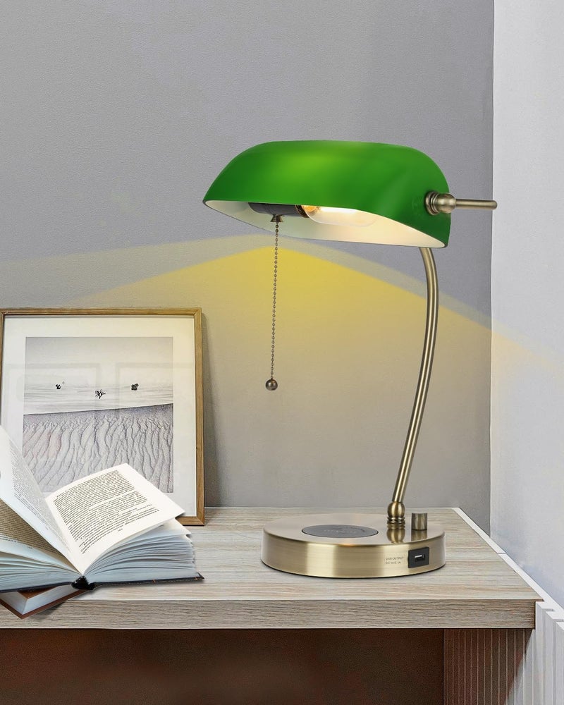 Newrays Green Glass Bankers Desk Lamp with Wireless Charger, USB Charging Port for Home Office,Stepless Dimmable Table Lamp Plug in Fixture,LED Bulb Included - Image 2